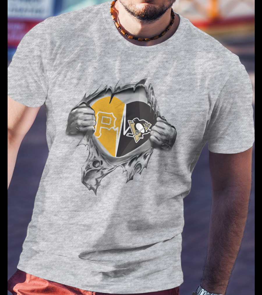 Pirates Penguins Heart With Team Logos Hidden Behind Torn Fabric T-Shirt
