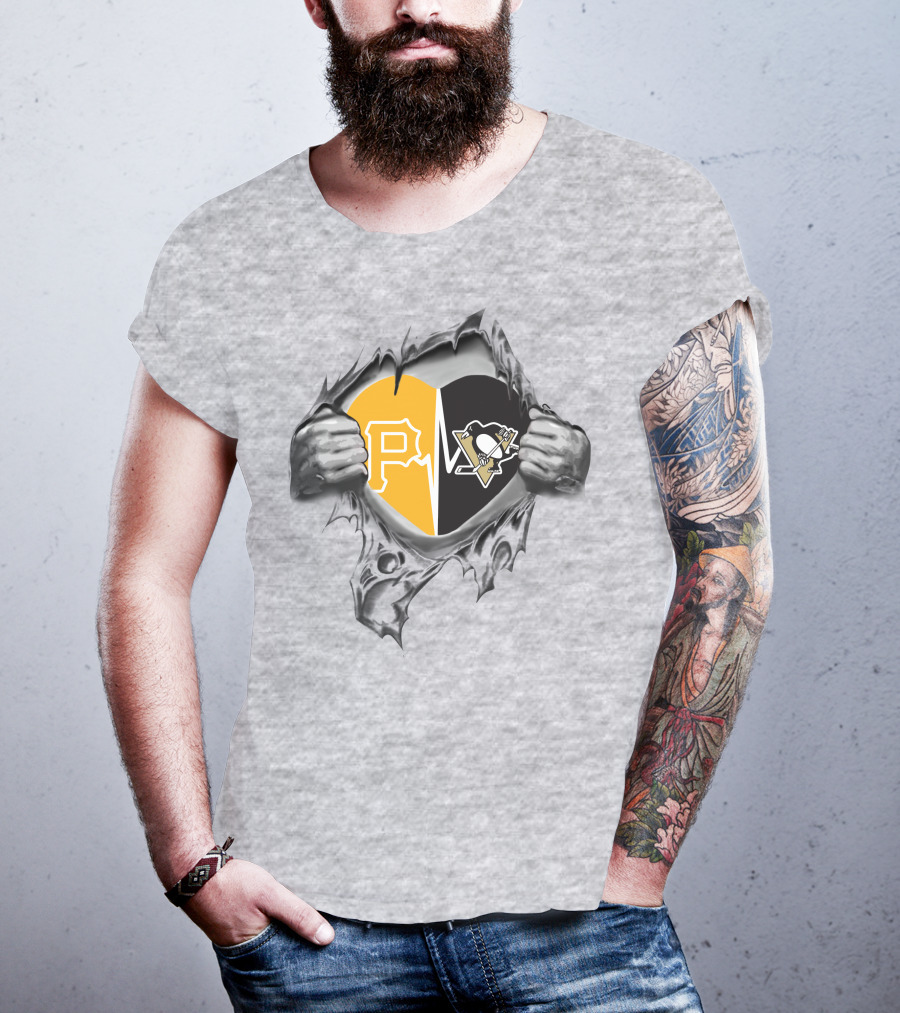 Pirates Penguins Heart With Team Logos Hidden Behind Torn Fabric T-Shirt