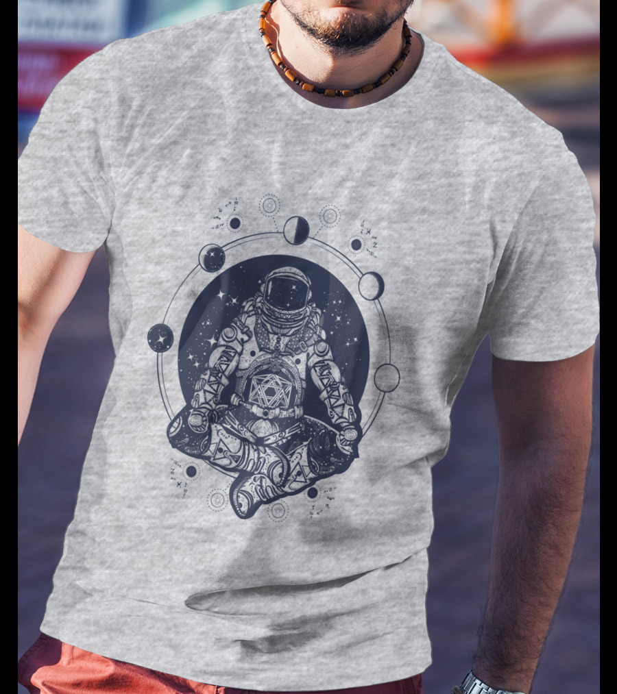 Zen Astronaut Meditating In Cosmic Orbit With Geometric Star Map T-Shirt