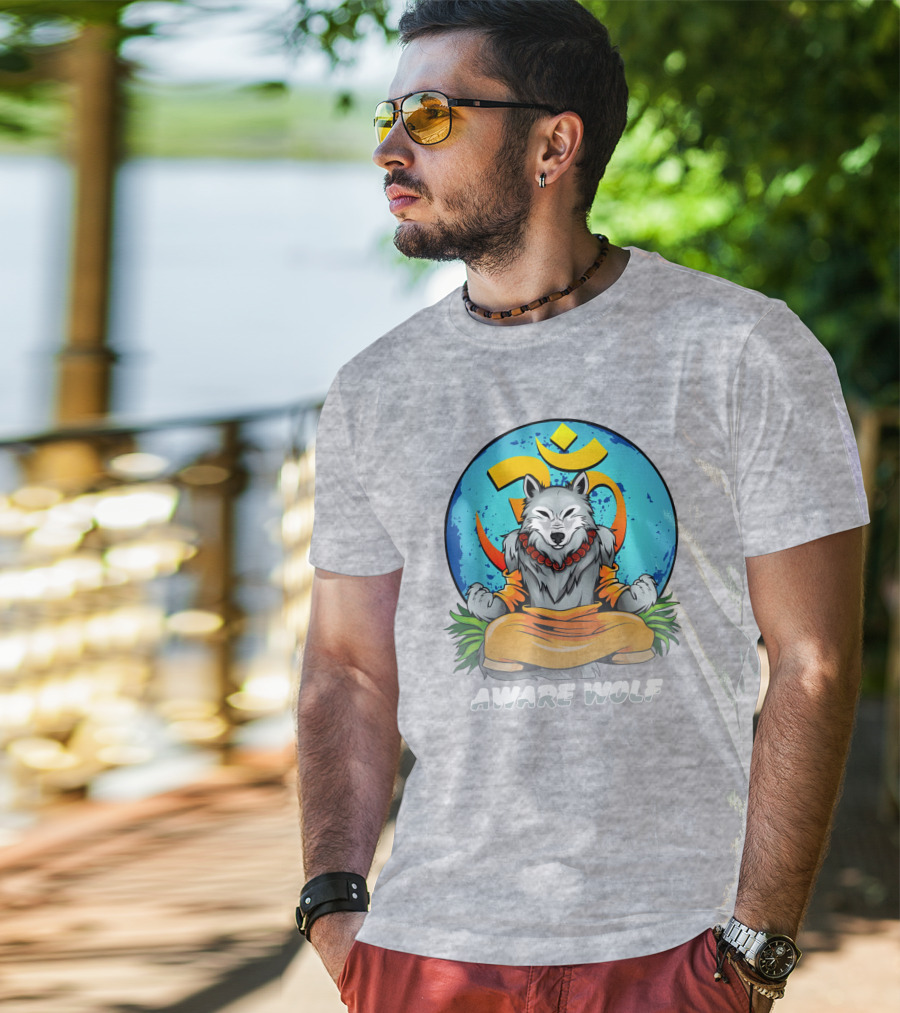 Aware Wolf Meditation Om Symbol Wolf T-Shirt
