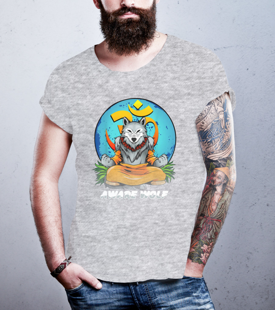 Aware Wolf Meditation Om Symbol Wolf T-Shirt