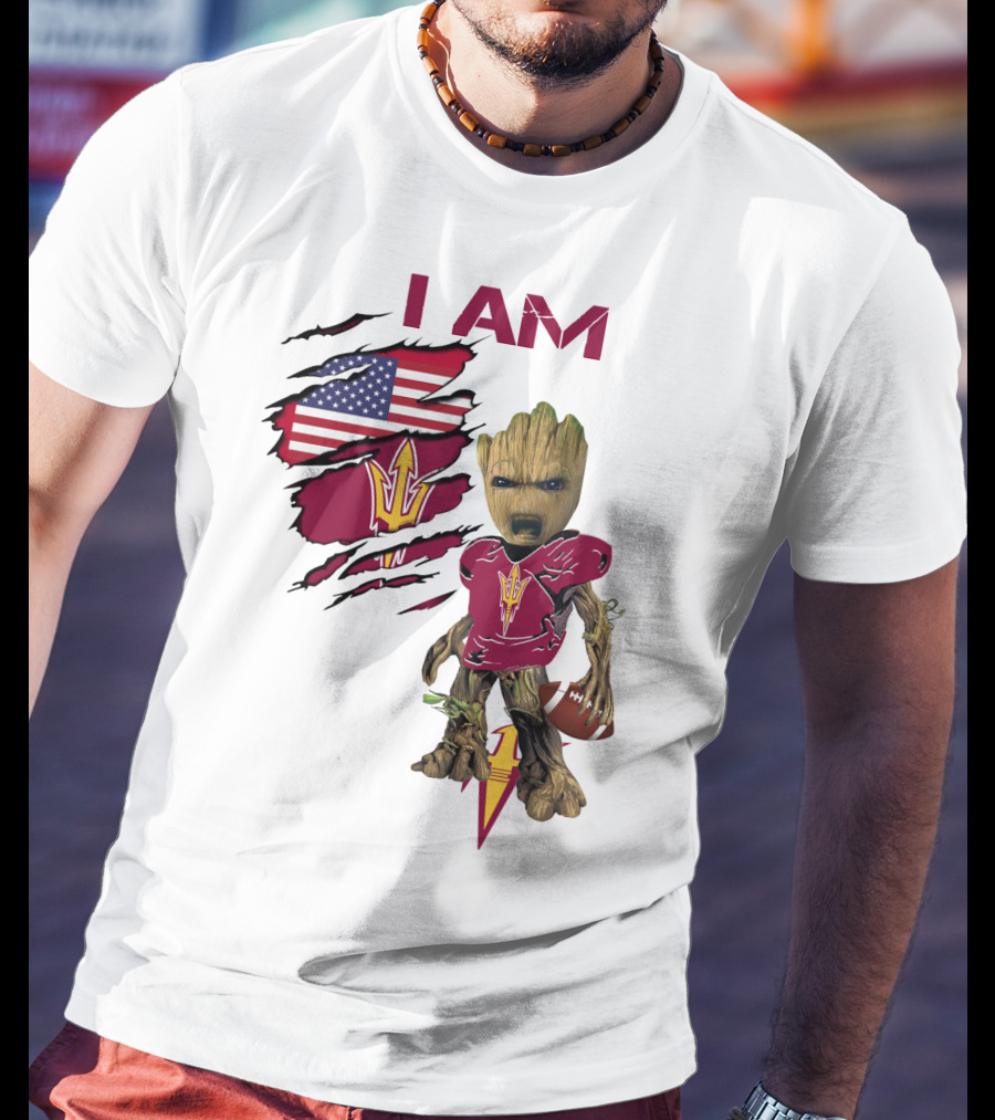 I Am ASU Baby Groot Football American Flag T-Shirt