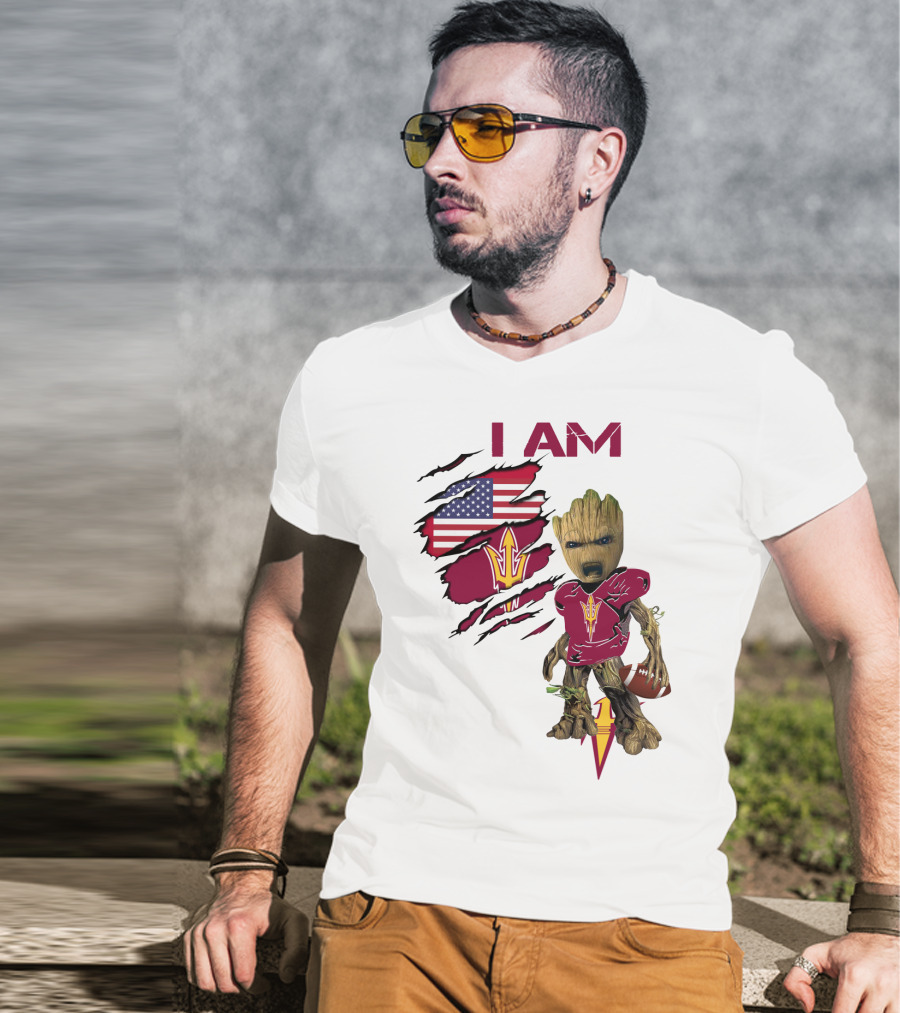 I Am ASU Baby Groot Football American Flag T-Shirt