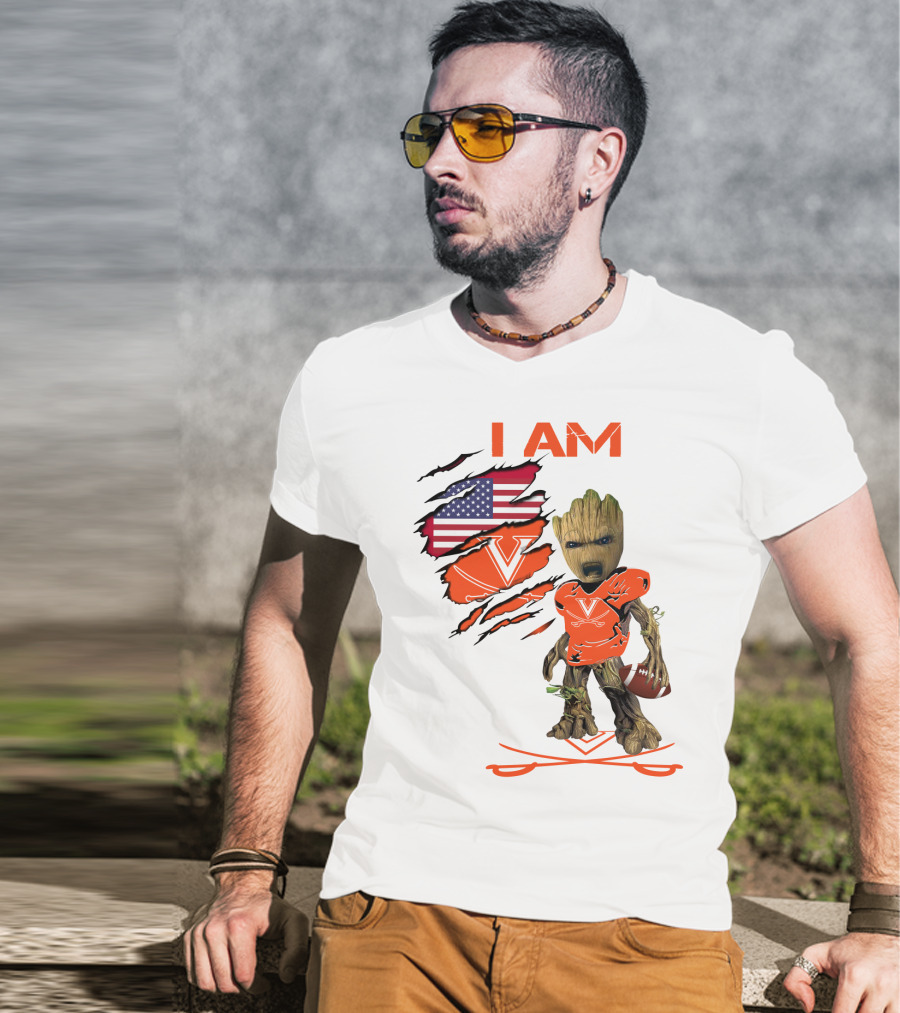 I Am Baby Groot Virginia Cavaliers Football Fan USA Flag T-Shirt