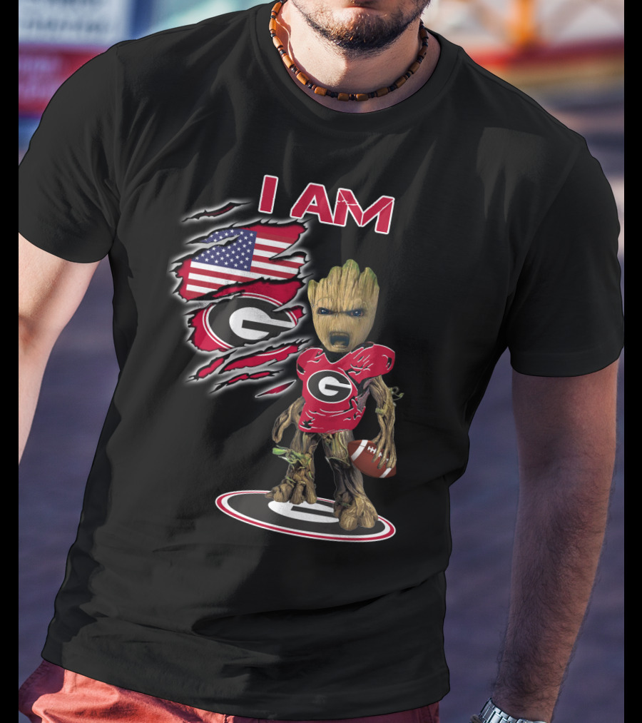I AM Bulldogs Baby Groot Football G Fan American Flag T-Shirt