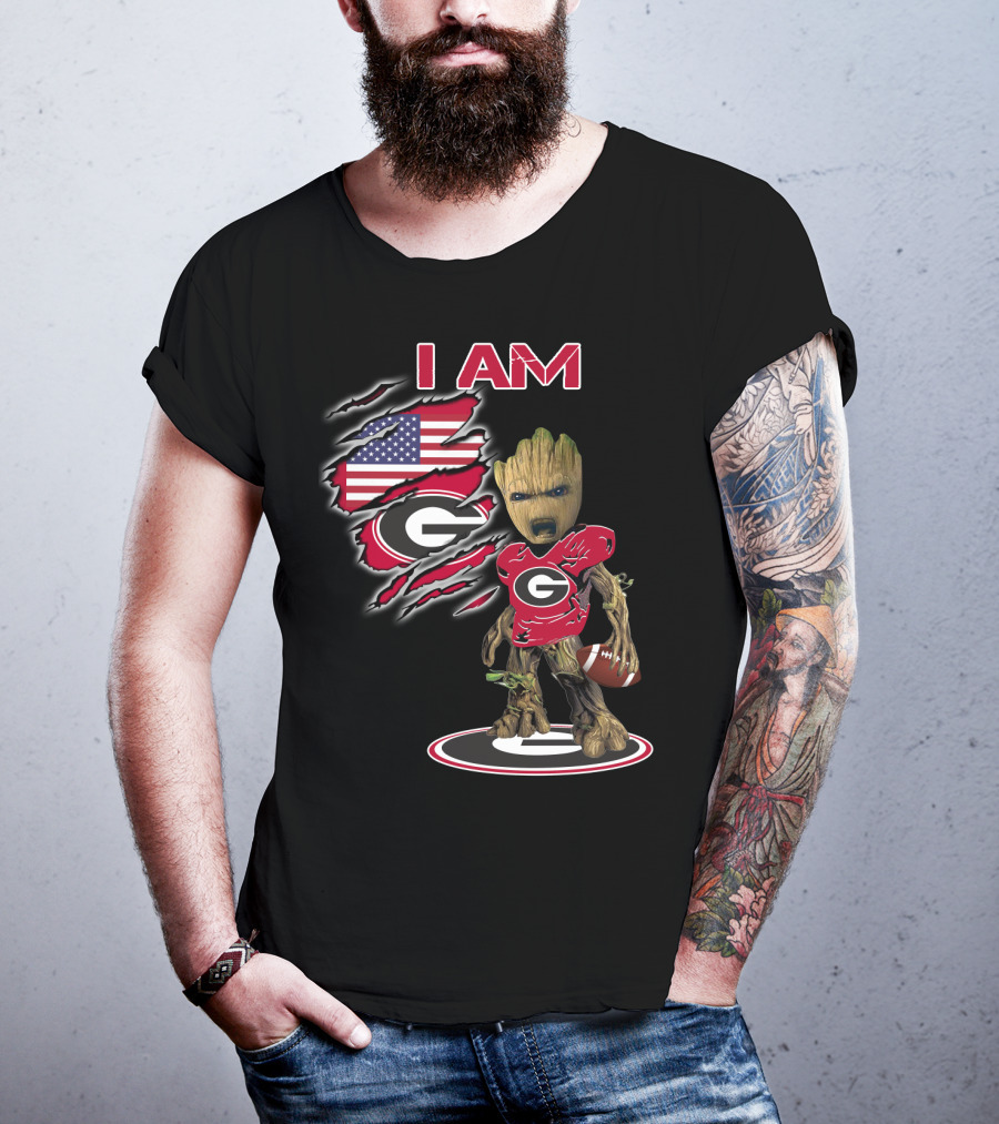 I AM Bulldogs Baby Groot Football G Fan American Flag T-Shirt