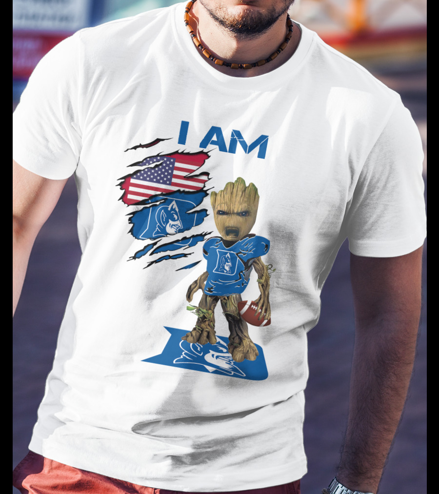 I Am Duke Baby Groot Holding Football With American Flag T-Shirt