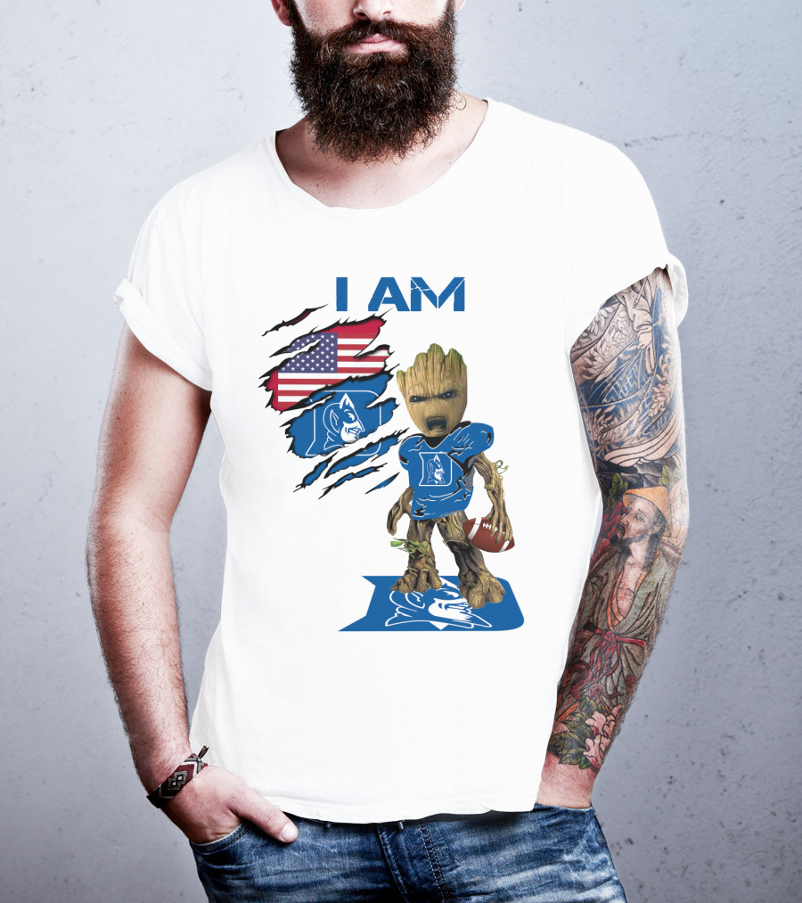 I Am Duke Baby Groot Holding Football With American Flag T-Shirt
