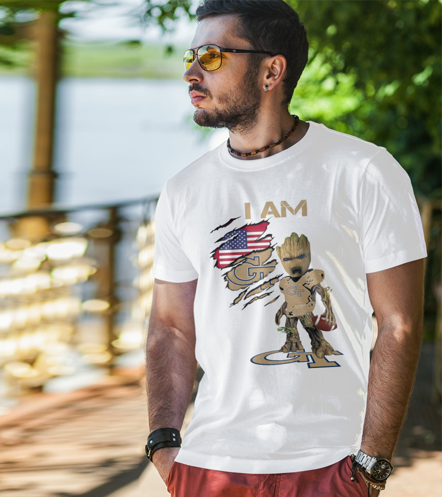 I AM Geo Baby Groot Football GT American Flag T-Shirt