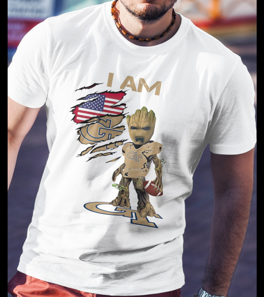 I AM Geo Baby Groot Football GT American Flag T-Shirt