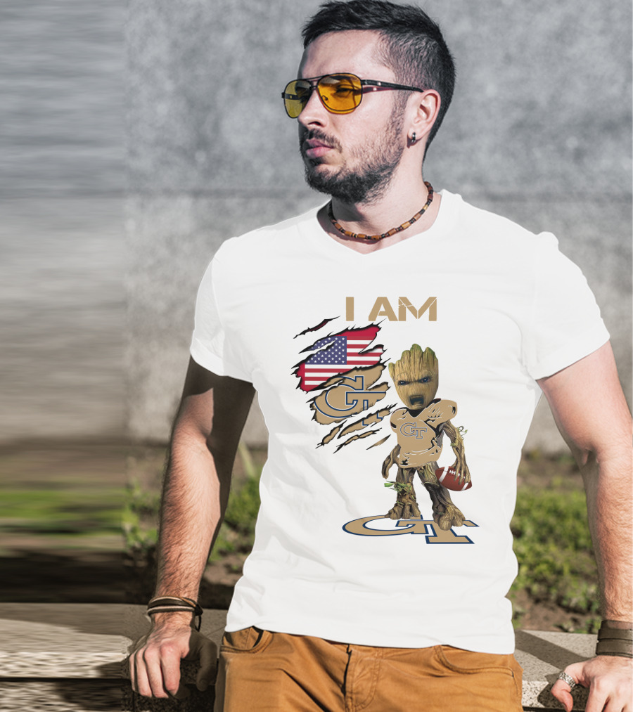 I AM Geo Baby Groot Football GT American Flag T-Shirt
