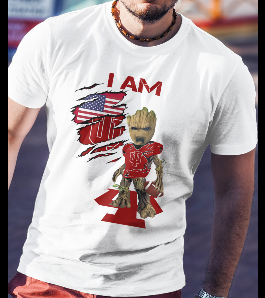 I AM Indiana Hoosiers Baby Groot Football USA Flag T-Shirt