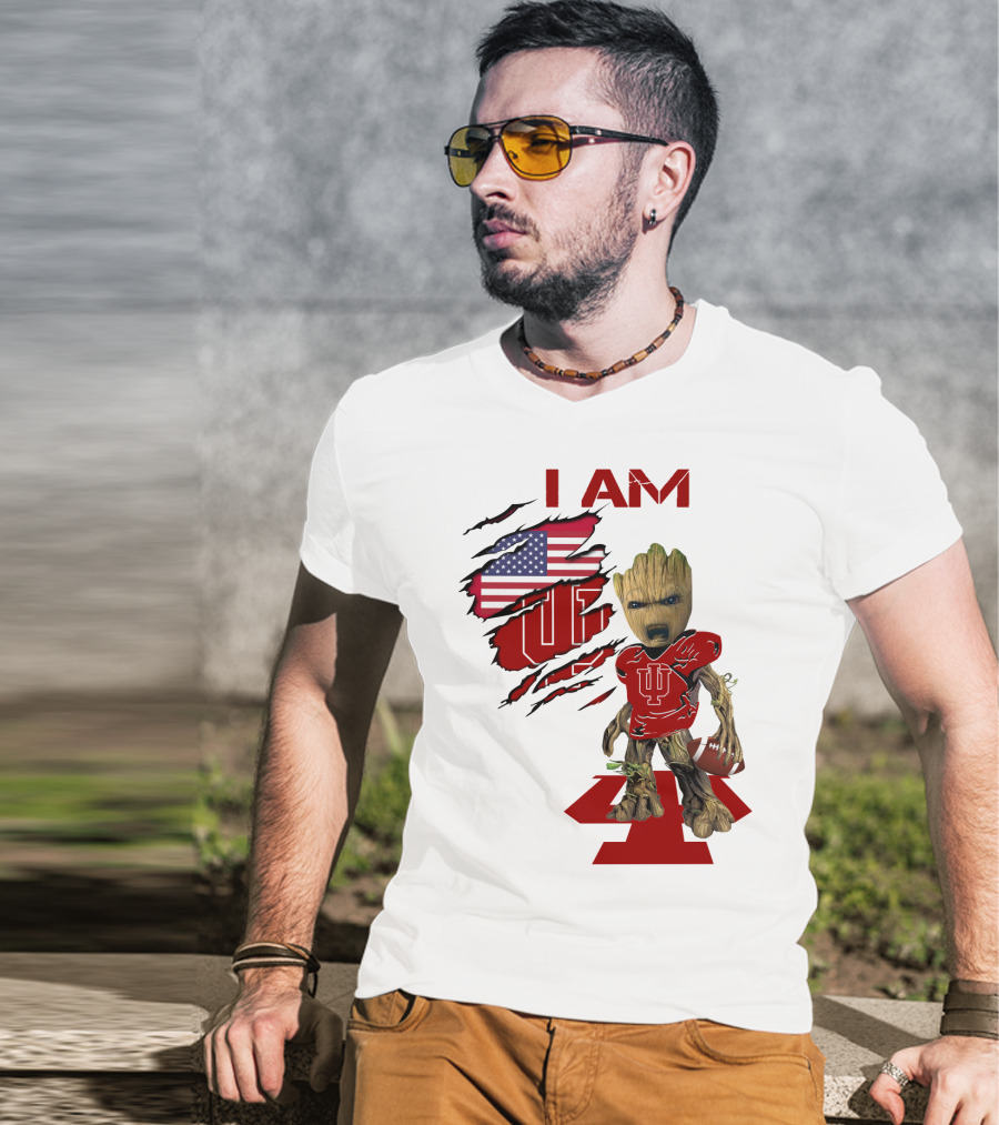 I AM Indiana Hoosiers Baby Groot Football USA Flag T-Shirt