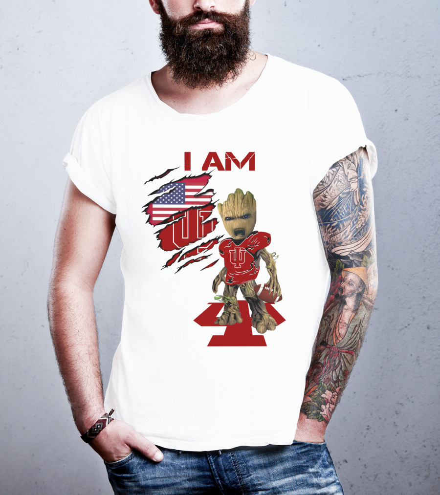 I AM Indiana Hoosiers Baby Groot Football USA Flag T-Shirt
