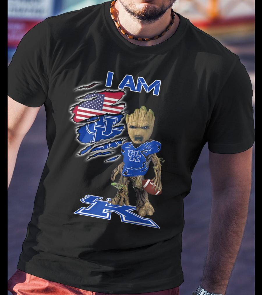 I Am Kentucky Uk Baby Groot American Flag Football Uk Wildcats Fan T-Shirt