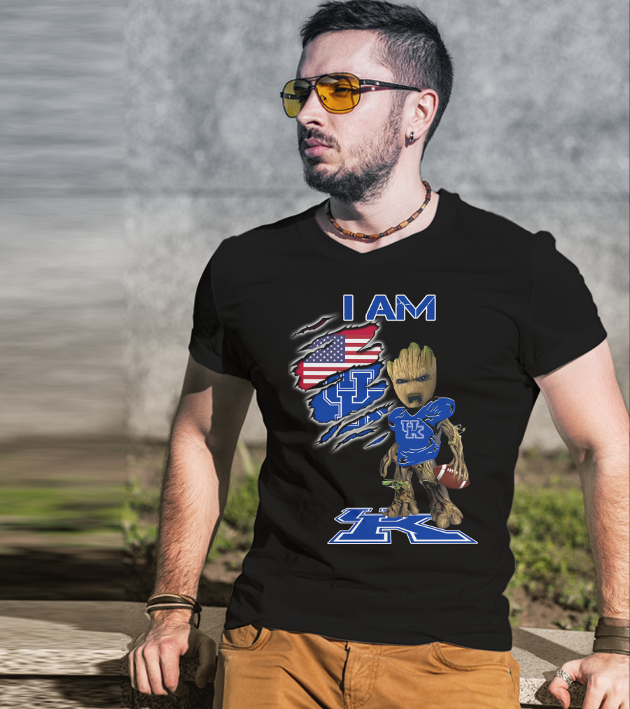I Am Kentucky Uk Baby Groot American Flag Football Uk Wildcats Fan T-Shirt