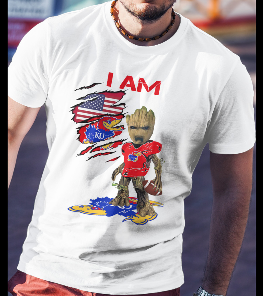 I AM Baby Groot KU Football Jayhawks American Flag T-Shirt