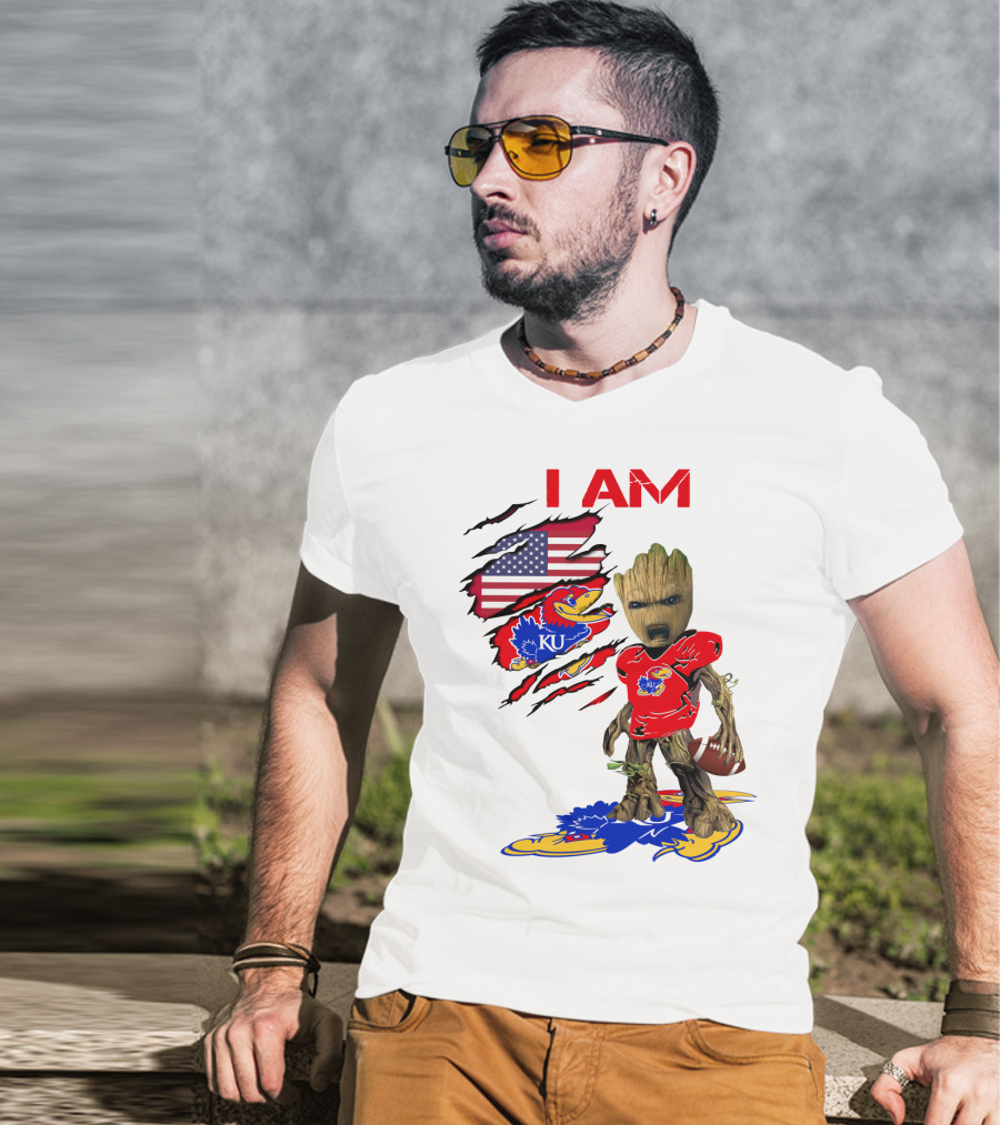 I AM Baby Groot KU Football Jayhawks American Flag T-Shirt