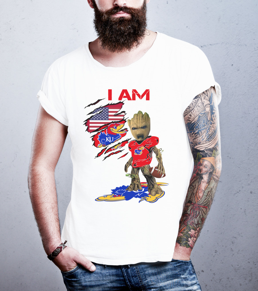 I AM Baby Groot KU Football Jayhawks American Flag T-Shirt