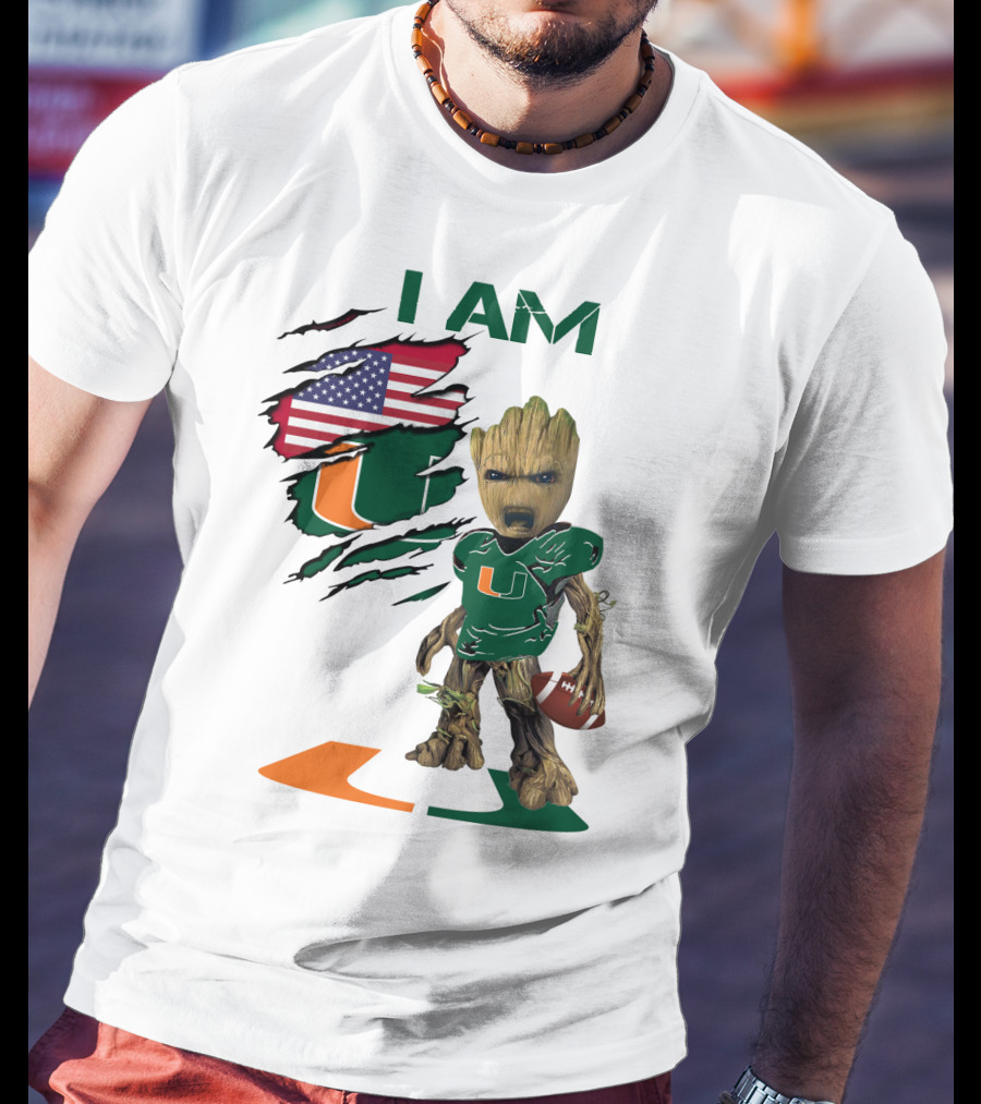 I AM Miami Hurricanes Baby Groot Football USA Flag T-Shirt