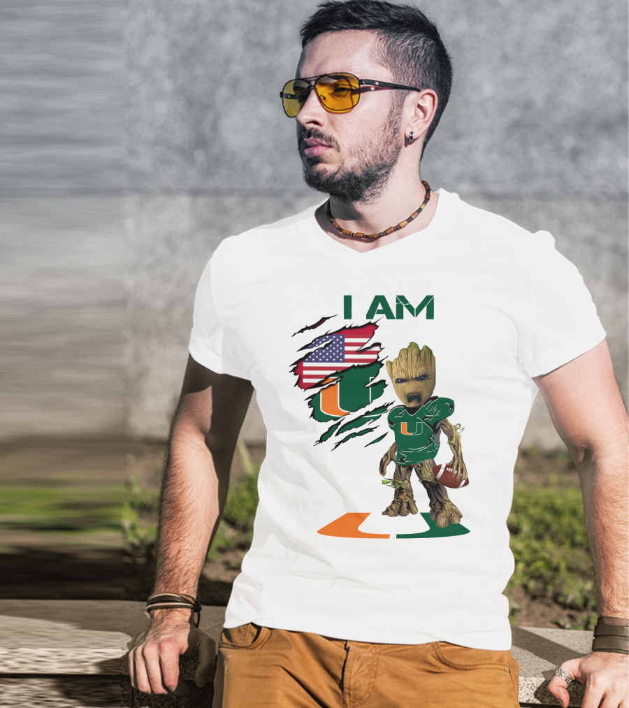I AM Miami Hurricanes Baby Groot Football USA Flag T-Shirt