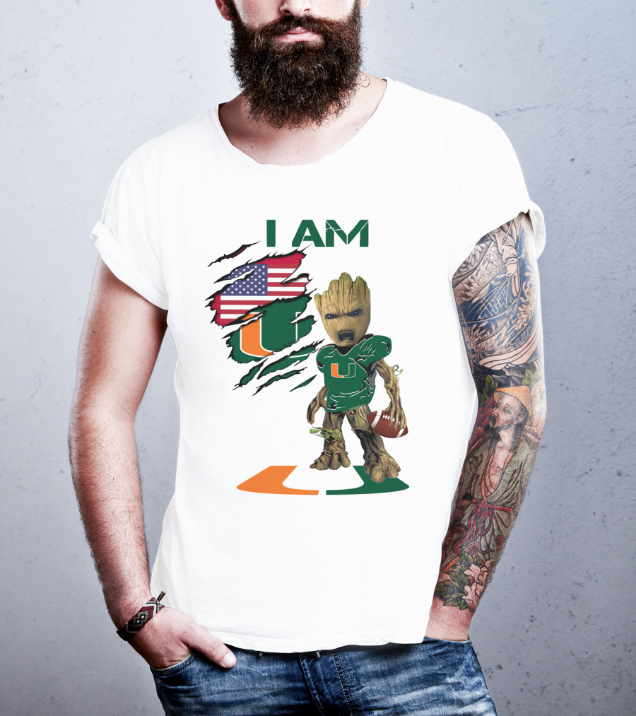 I AM Miami Hurricanes Baby Groot Football USA Flag T-Shirt