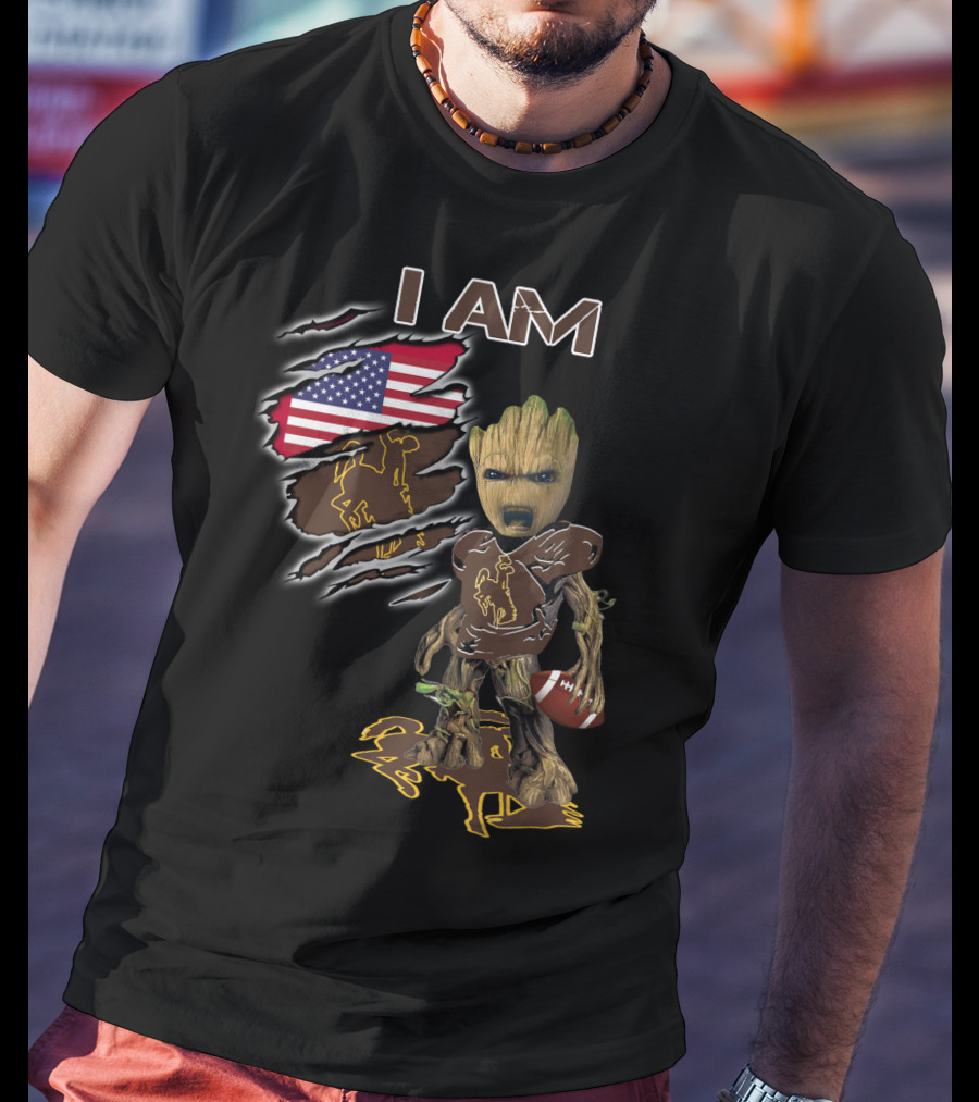 I Am Wyoming Baby Groot American Flag Cowboy Football Player T-Shirt