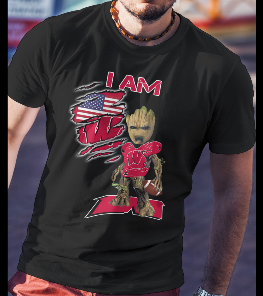 I Am Wisconsin Baby Groot Usa Flag Football W T-Shirt