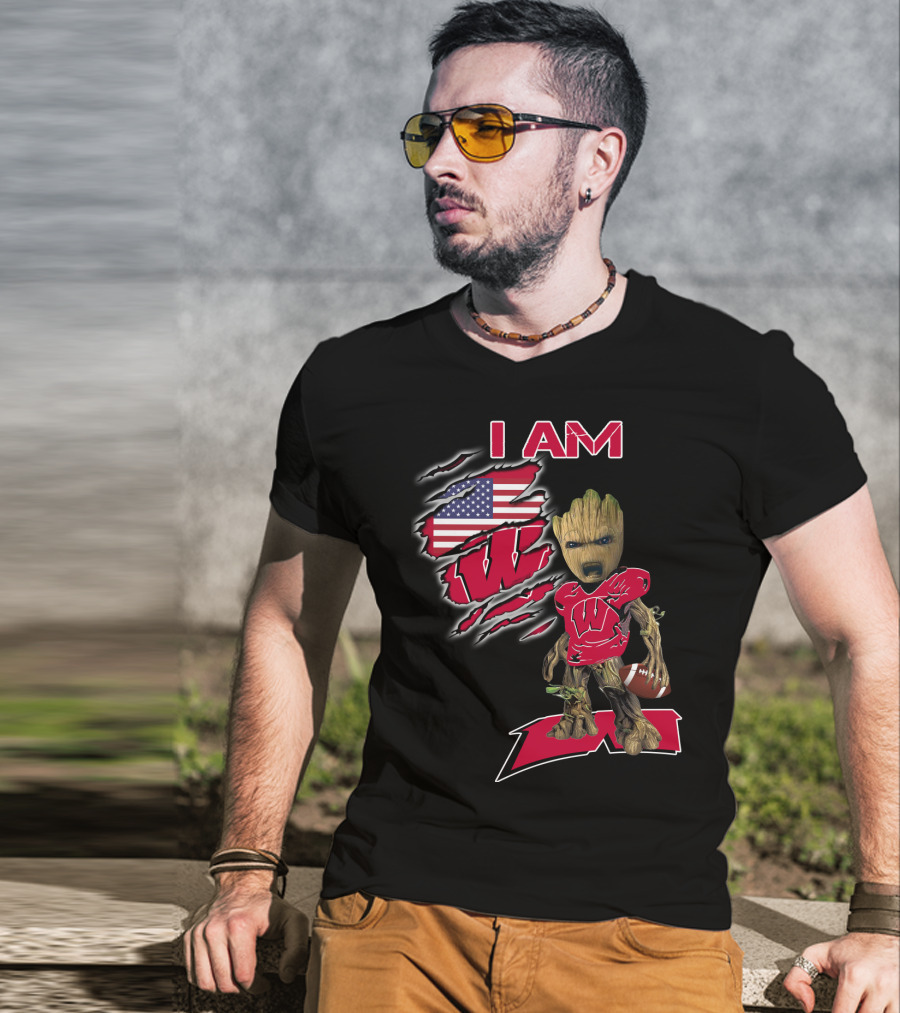 I Am Wisconsin Baby Groot Usa Flag Football W T-Shirt