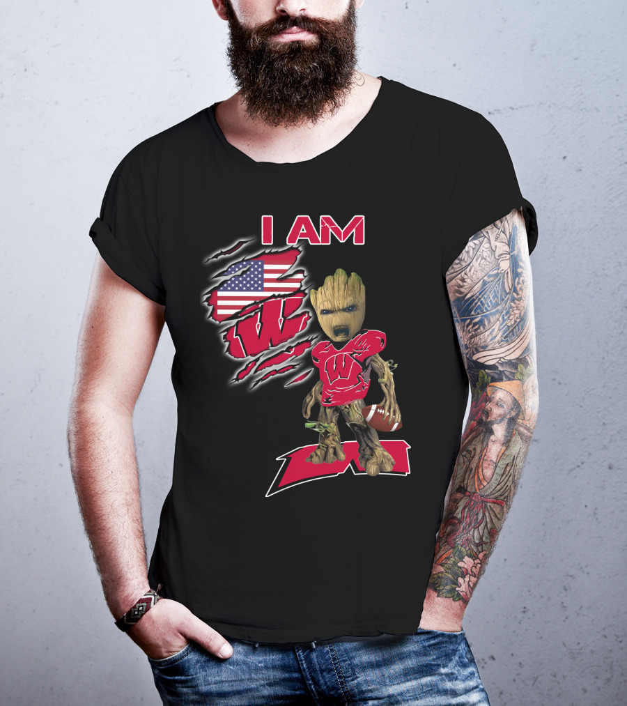 I Am Wisconsin Baby Groot Usa Flag Football W T-Shirt
