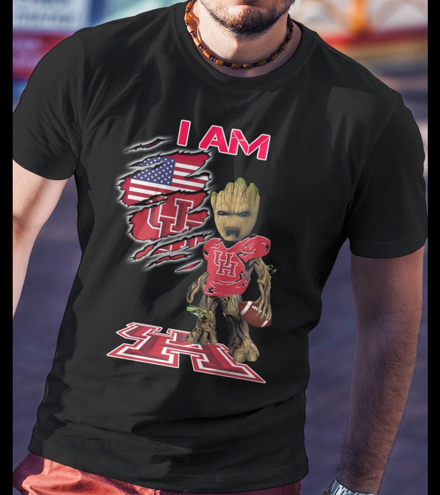I Am Baby Groot Uh Football American Flag Houston T-Shirt