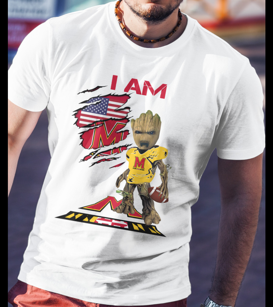 I Am Maryland Baby Groot Football M Logo American Flag T-Shirt