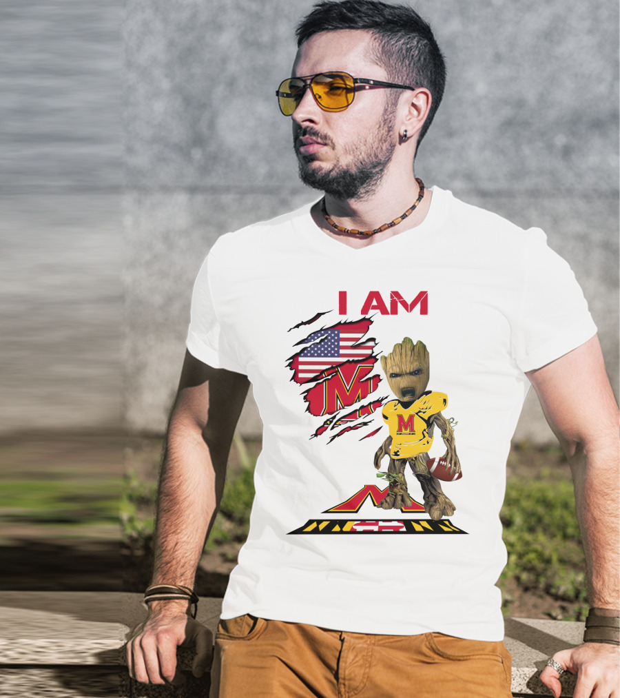 I Am Maryland Baby Groot Football M Logo American Flag T-Shirt