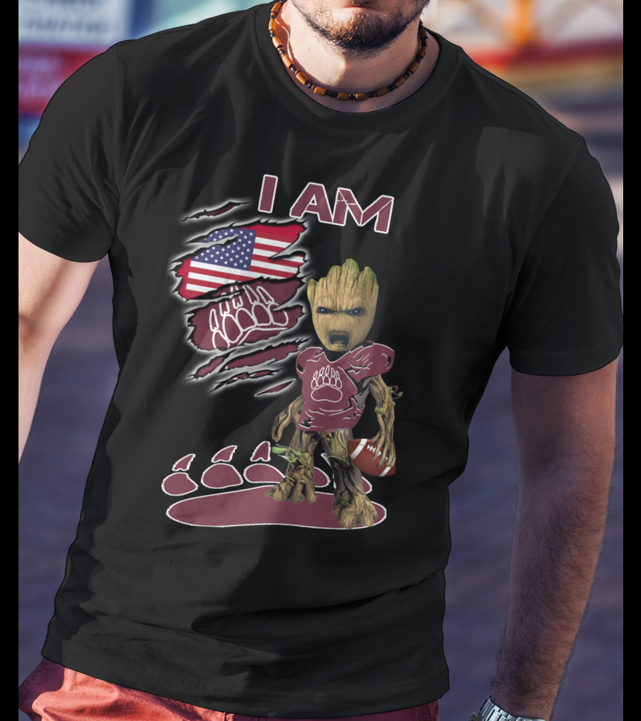 I AM American Flag Football Baby Groot Bear Paw T-Shirt
