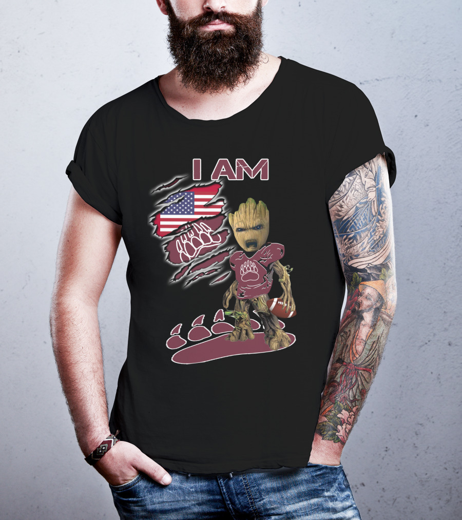I AM American Flag Football Baby Groot Bear Paw T-Shirt