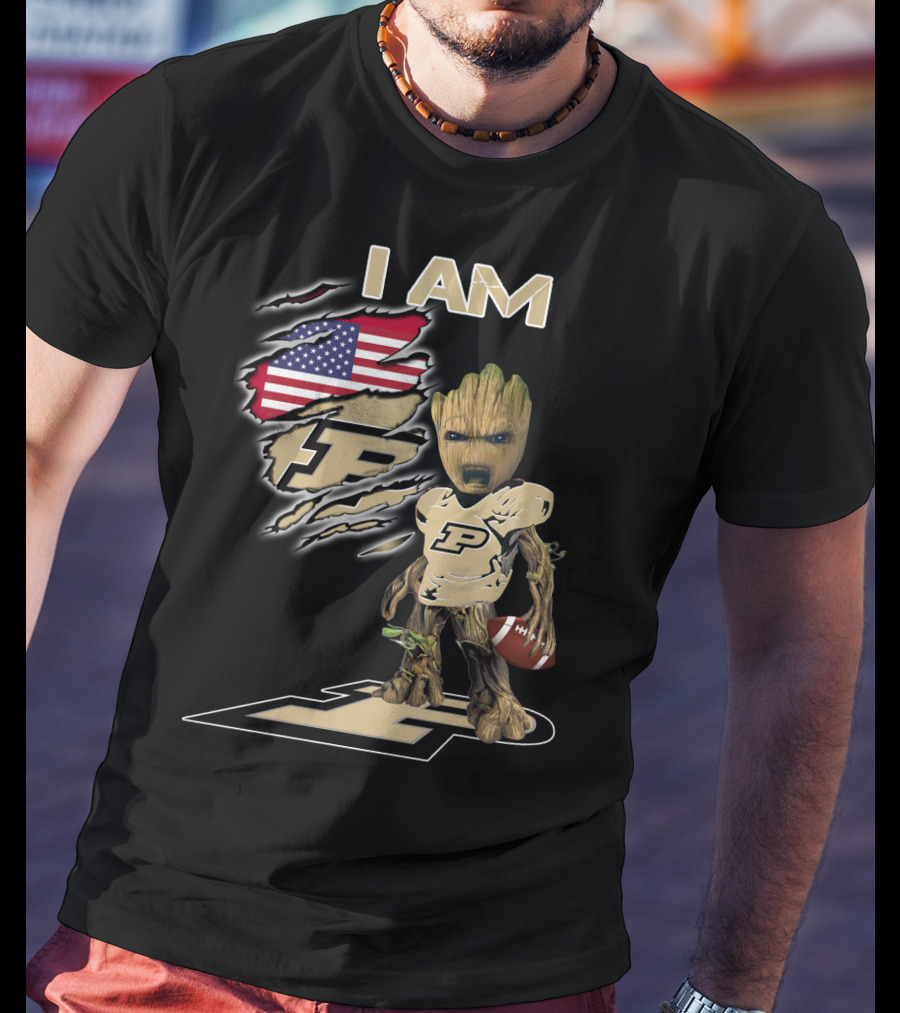 I Am Purdue Baby Groot American Flag Purdue Football T-Shirt