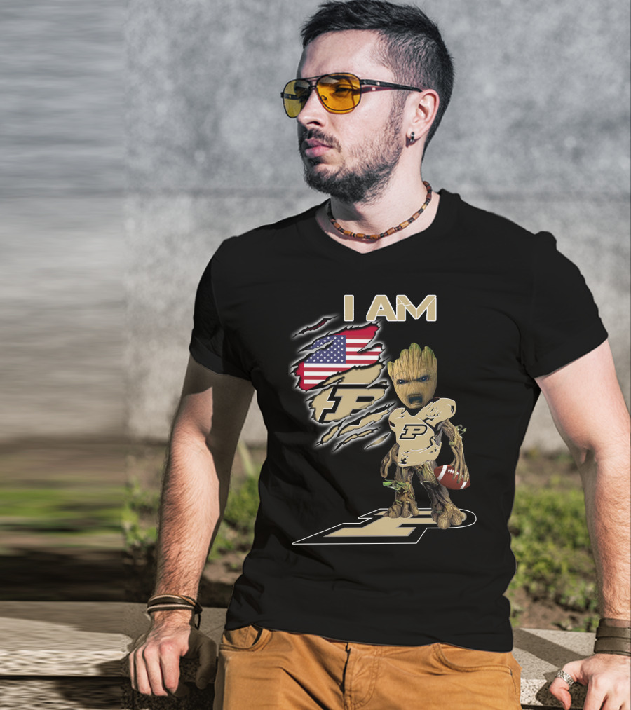 I Am Purdue Baby Groot American Flag Purdue Football T-Shirt