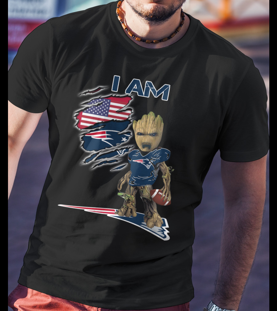 I AM Patriots Baby Groot American Flag Football T-Shirt