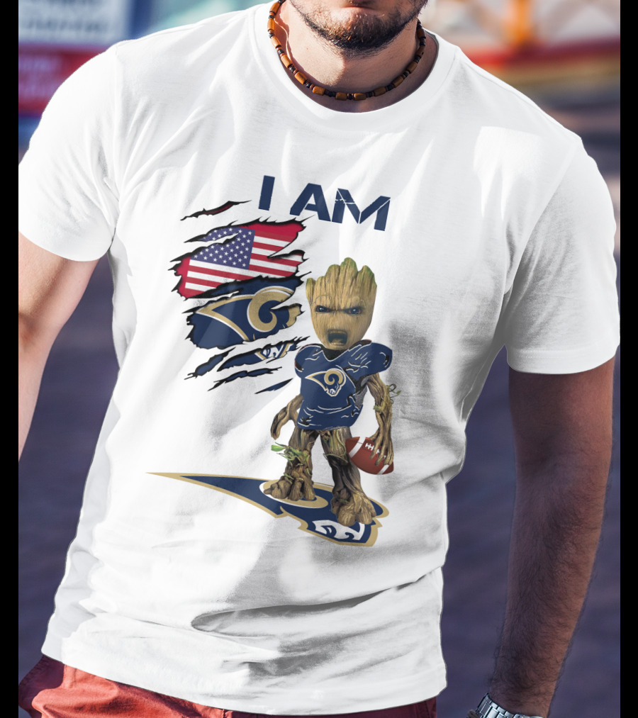 I AM Rams Baby Groot Football USA Flag T-Shirt