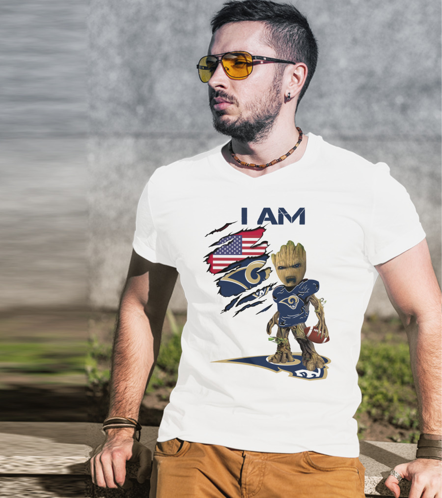 I AM Rams Baby Groot Football USA Flag T-Shirt