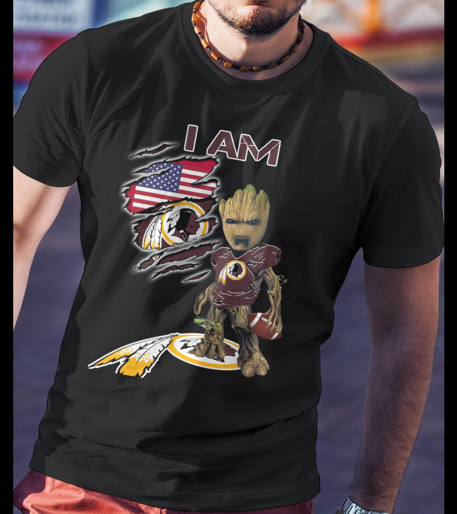 I Am Redskins Baby Groot Football American Flag T-Shirt