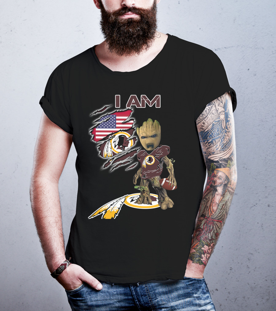 I Am Redskins Baby Groot Football American Flag T-Shirt