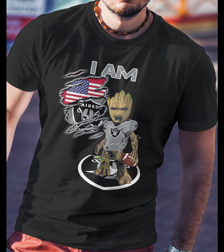 I AM Raiders Baby Groot American Flag Football T-Shirt