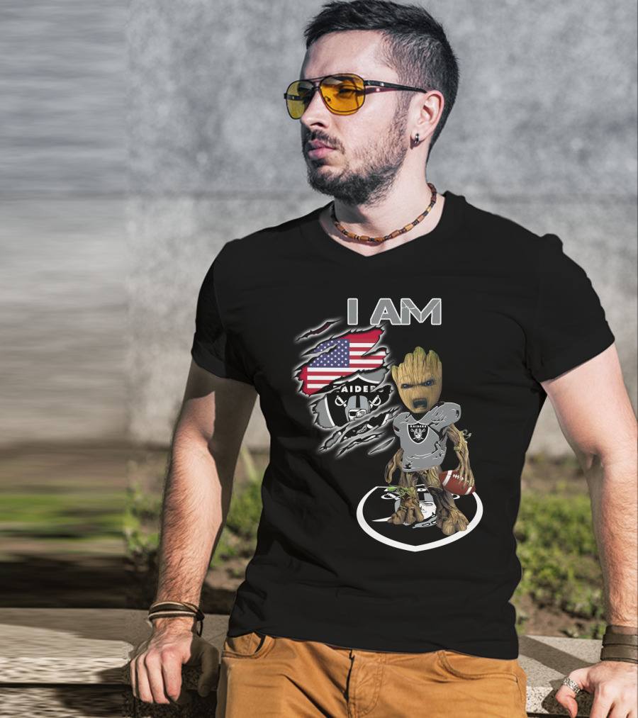 I AM Raiders Baby Groot American Flag Football T-Shirt