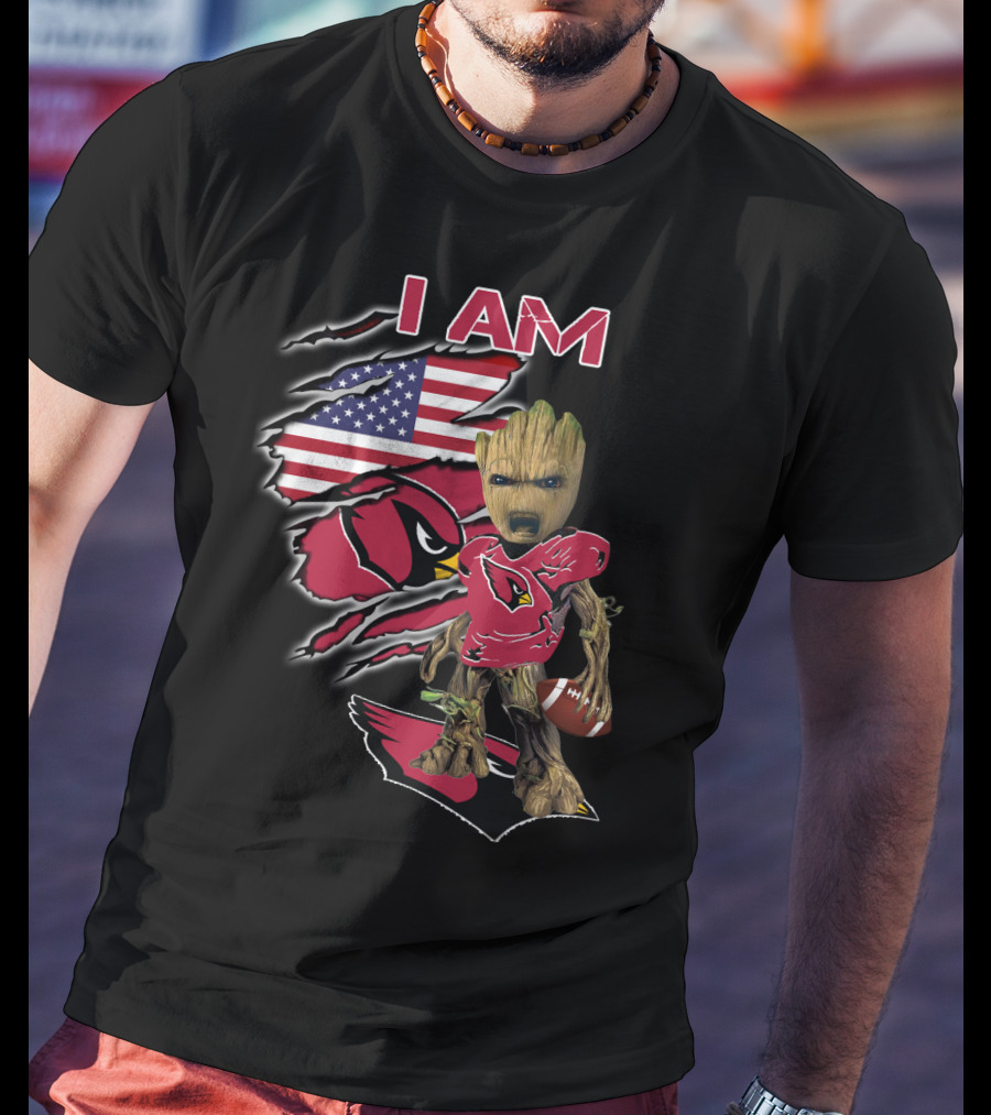 I Am Arizona Cardinals Baby Groot American Flag T-Shirt