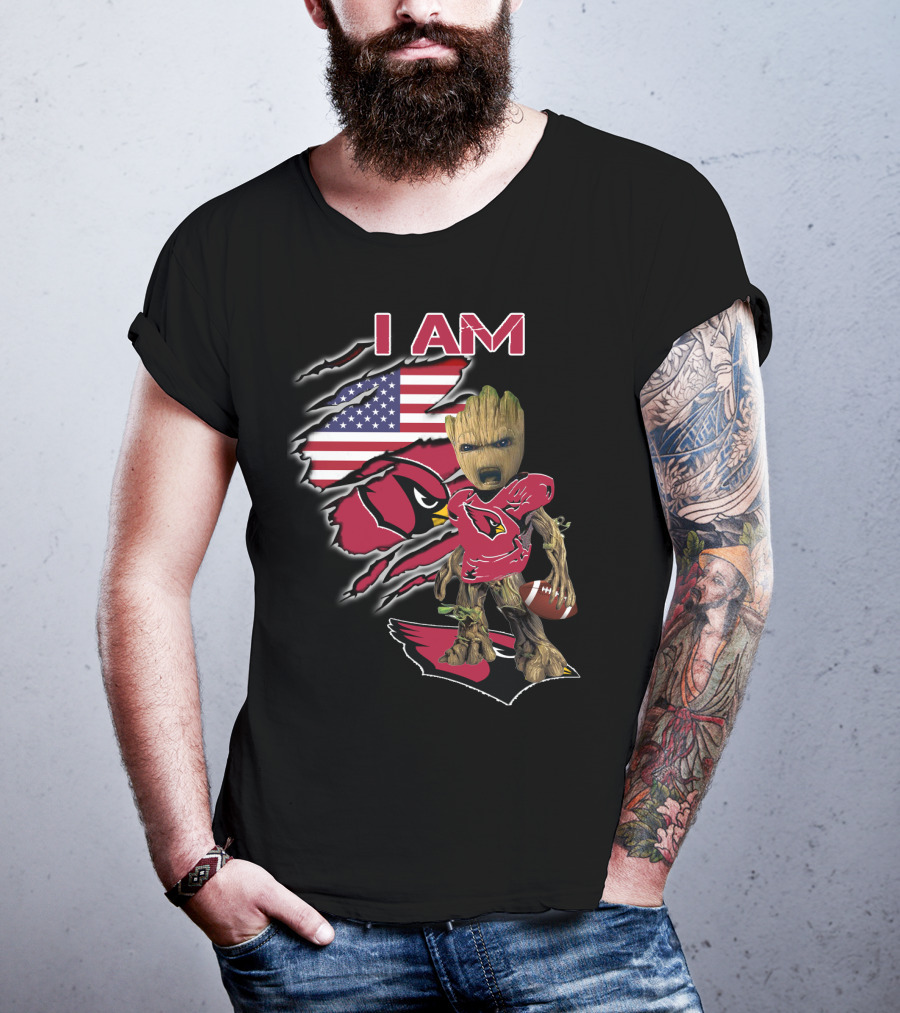 I Am Arizona Cardinals Baby Groot American Flag T-Shirt