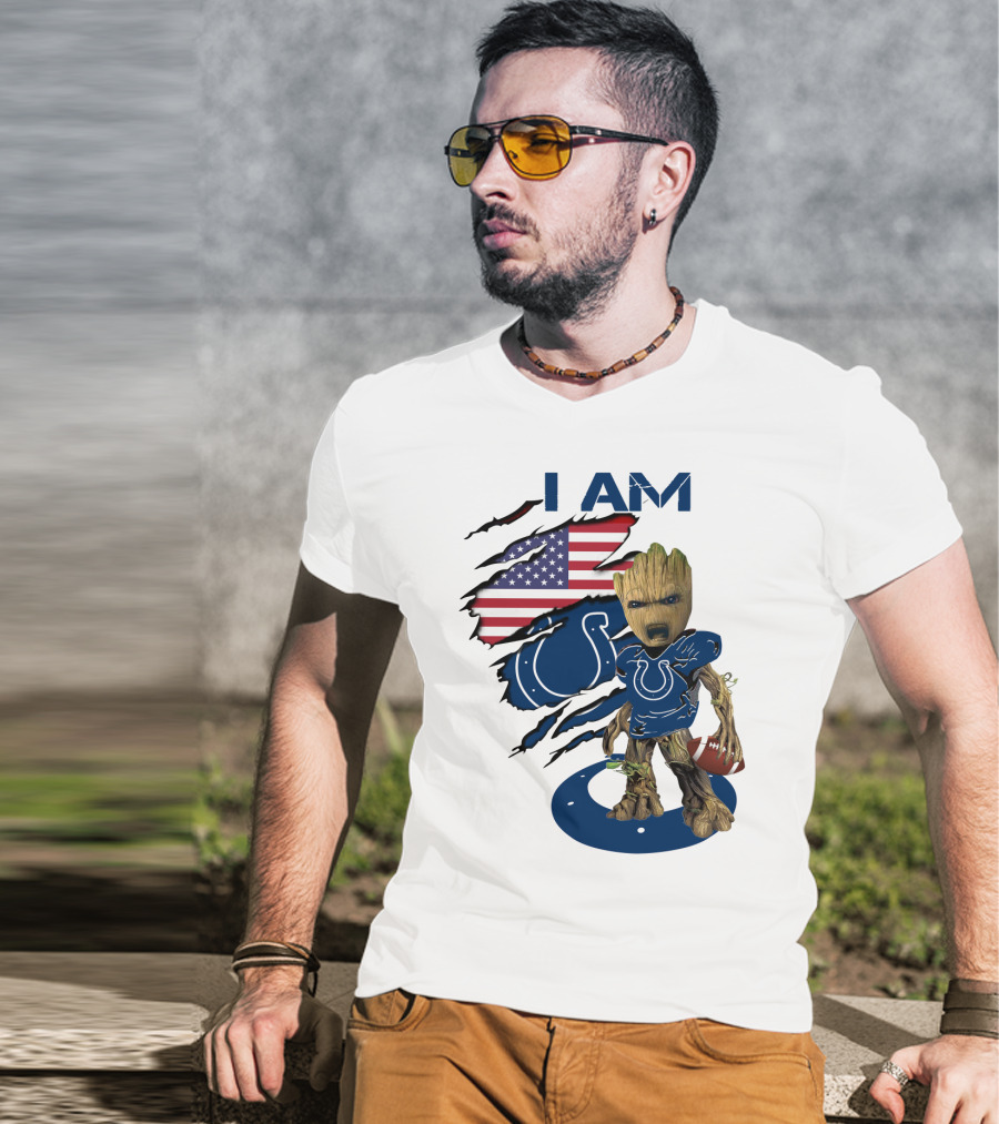 I Am Colts Baby Groot American Flag Football T-Shirt