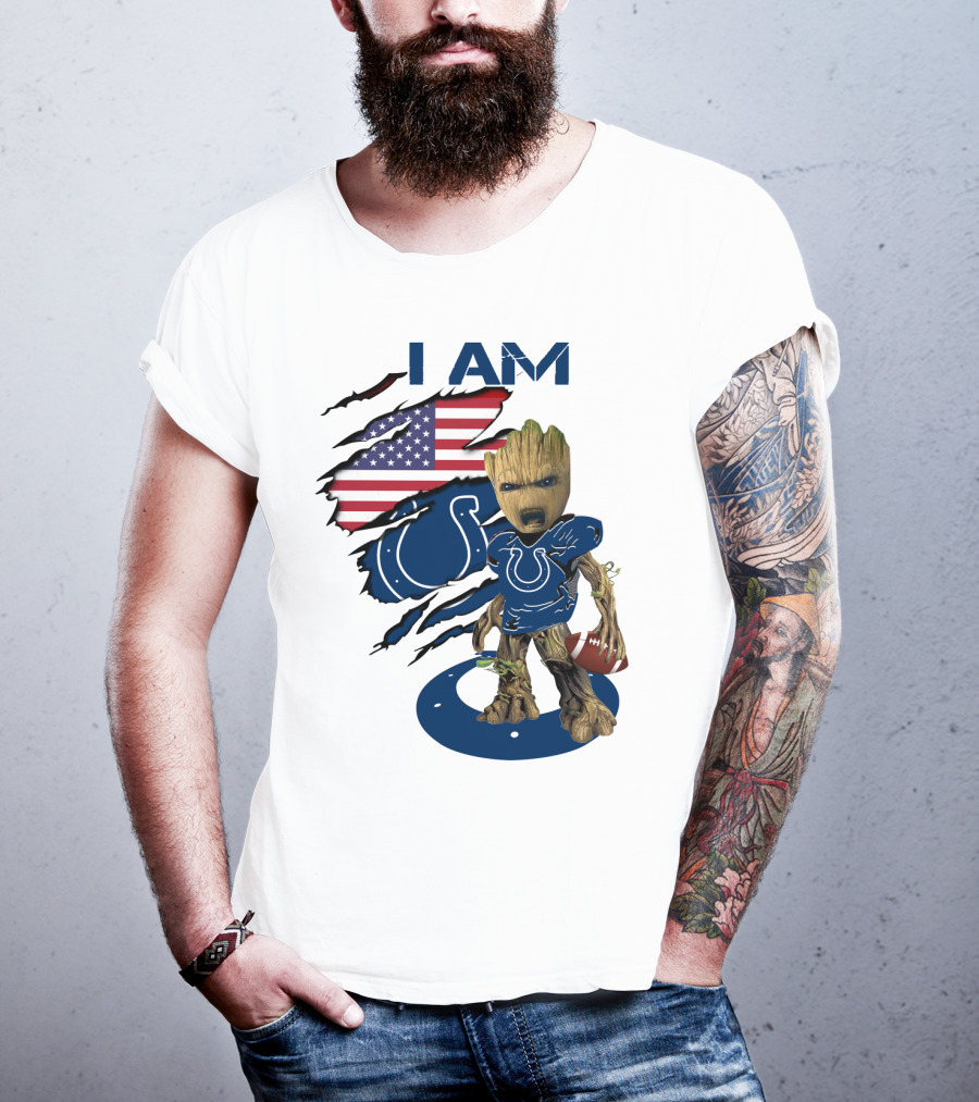 I Am Colts Baby Groot American Flag Football T-Shirt