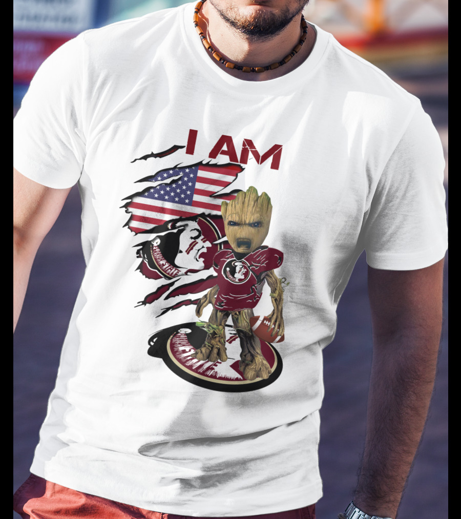 I Am Florida State University Baby Groot With American Flag And Football T-Shirt