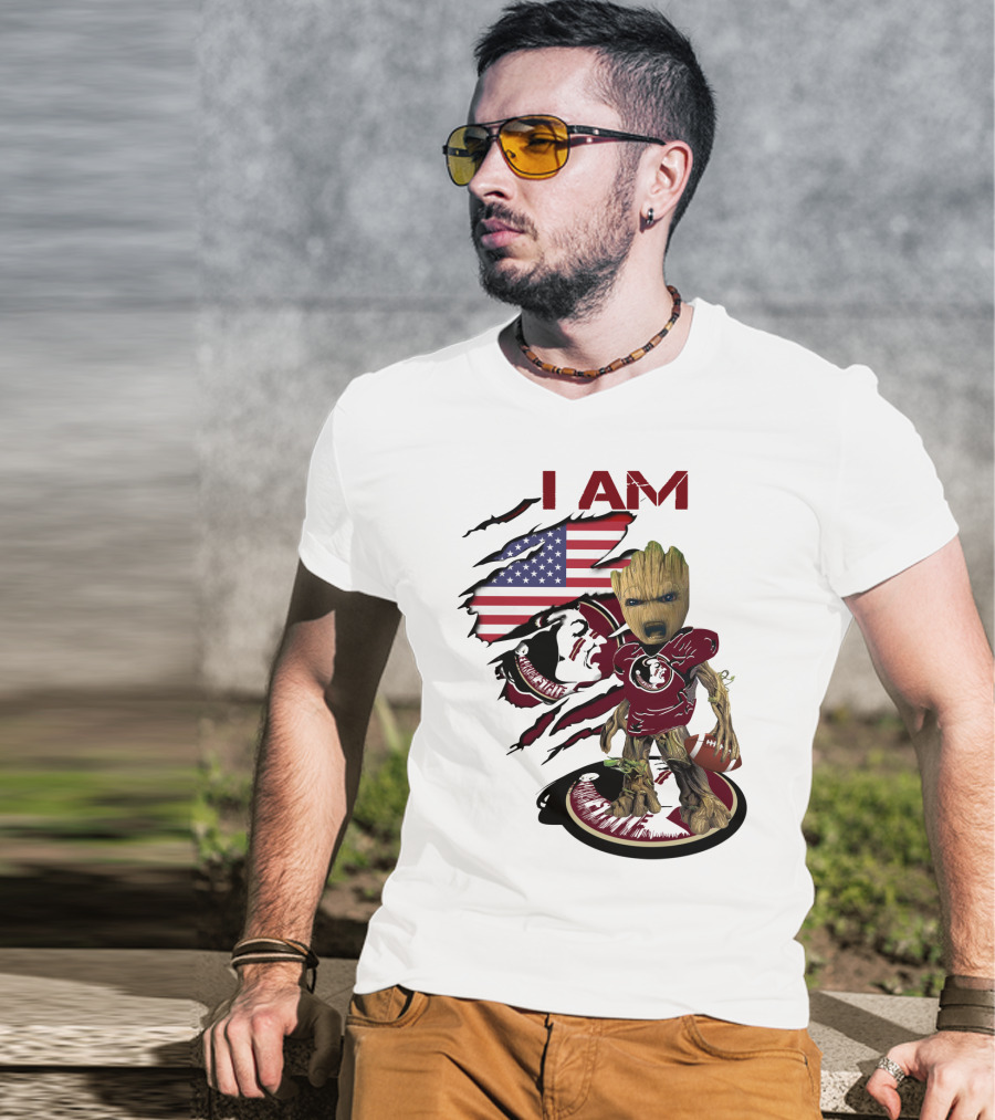 I Am Florida State University Baby Groot With American Flag And Football T-Shirt